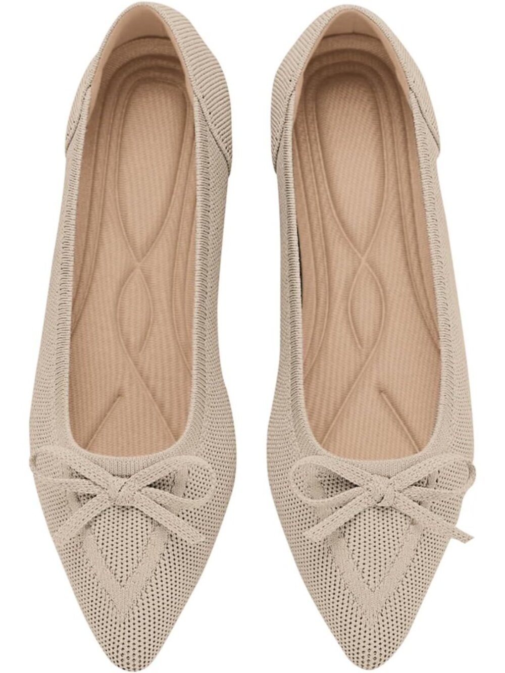Women's Beige Knit Ballet Flats Pointed Toe Bow Comfortable Dressy Shoes
